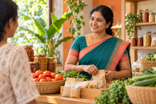 ഉപഭോക്താവിന് സേവനം നൽകുന്ന പ്രാദേശിക സംരംഭകന്റെ ചിത്രീകരണം