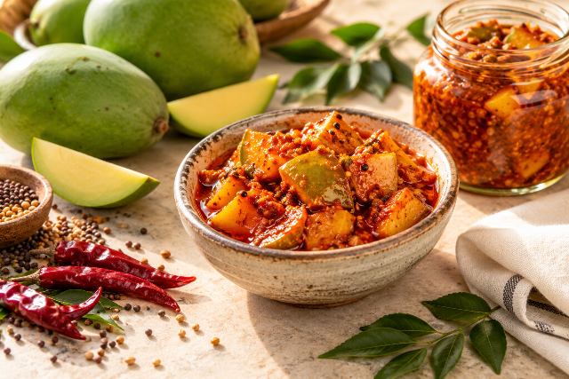 ಮಾವಿನಕಾಯಿ ಉಪ್ಪಿನಕಾಯಿ ಮತ್ತು ತಾಜಾ ಪದಾರ್ಥಗಳ ಕಲ್ಪಿತ ಚಿತ್ರ