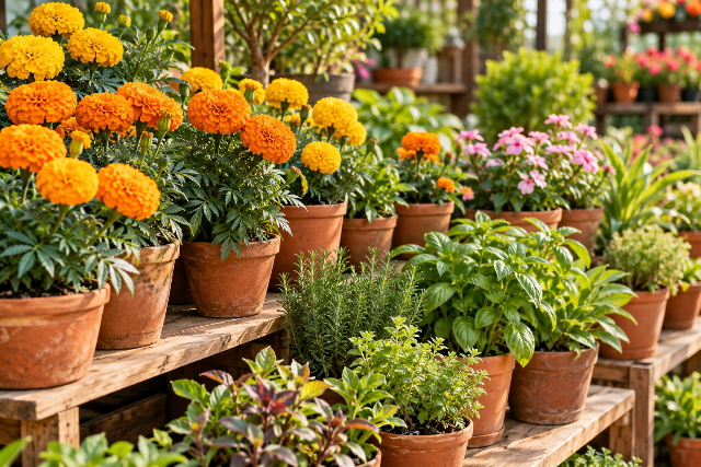 Illustration of marigolds and saplings at a local nursery
